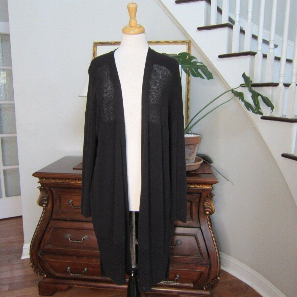Athleta Black Open Front Fishnet Trim Hi-Low Long Cardigan women's size L